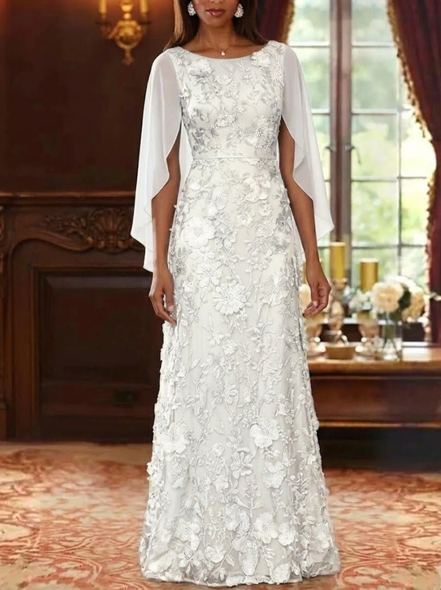 A-Line/Princess Scoop Chiffon Mother of the Bride Dresses Lace Floral Floor-Length Cape Sleeves