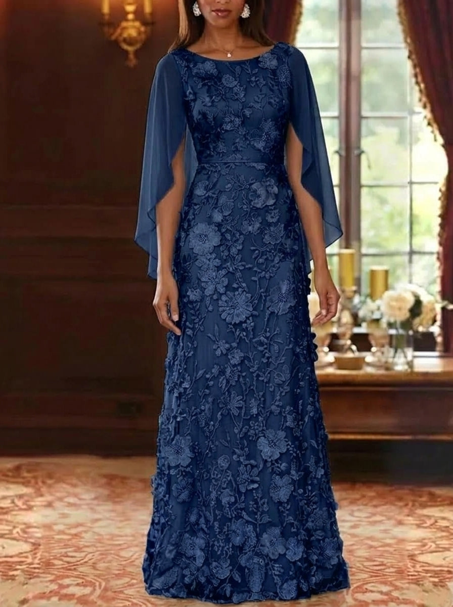 A-Line/Princess Scoop Chiffon Mother of the Bride Dresses Lace Floral Floor-Length Cape Sleeves