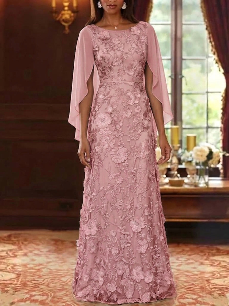 A-Line/Princess Scoop Chiffon Mother of the Bride Dresses Lace Floral Floor-Length Cape Sleeves