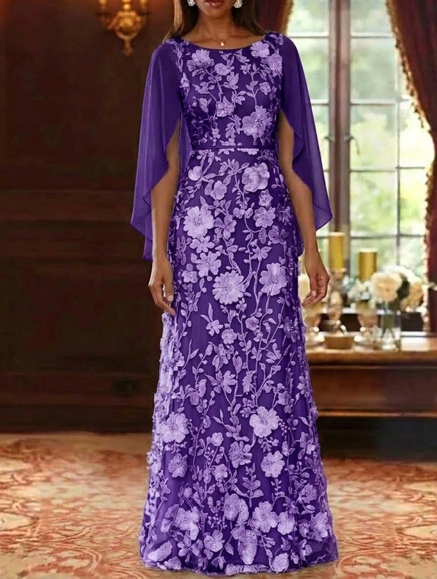 A-Line/Princess Scoop Chiffon Mother of the Bride Dresses Lace Floral Floor-Length Cape Sleeves