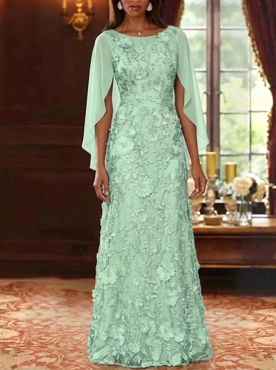 A-Line/Princess Scoop Chiffon Mother of the Bride Dresses Lace Floral Floor-Length Cape Sleeves