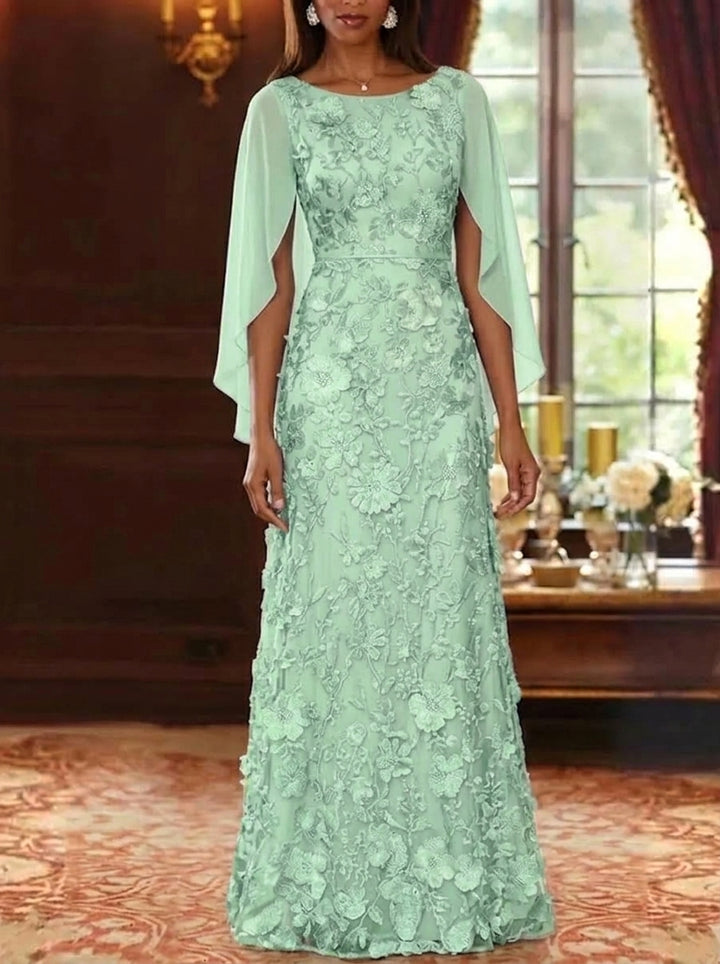 A-Line/Princess Scoop Chiffon Mother of the Bride Dresses Lace Floral Floor-Length Cape Sleeves