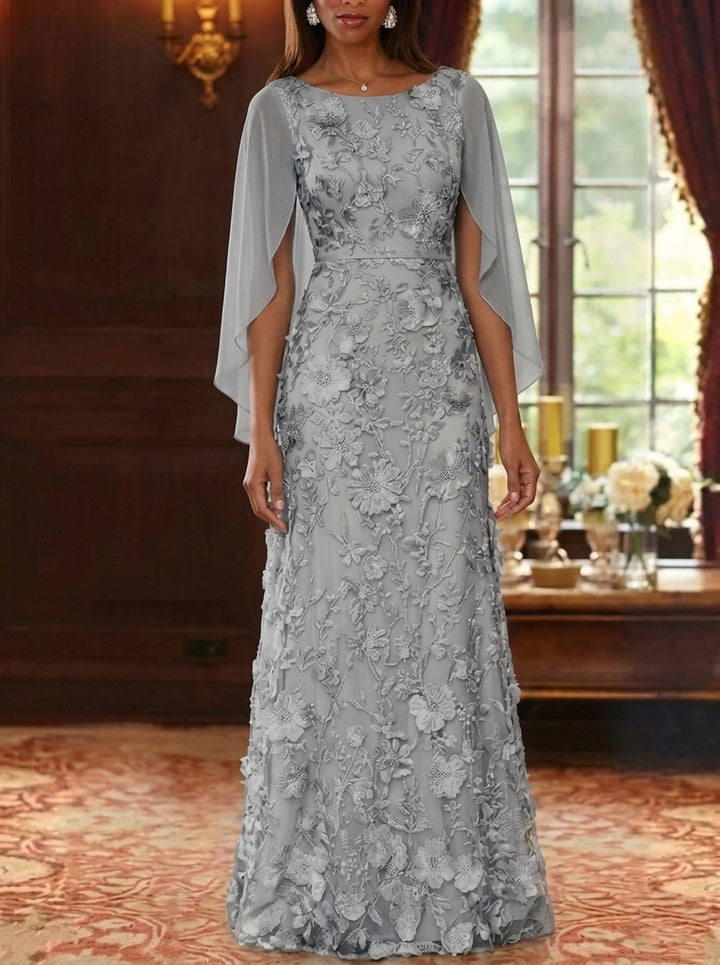 A-Line/Princess Scoop Chiffon Mother of the Bride Dresses Lace Floral Floor-Length Cape Sleeves