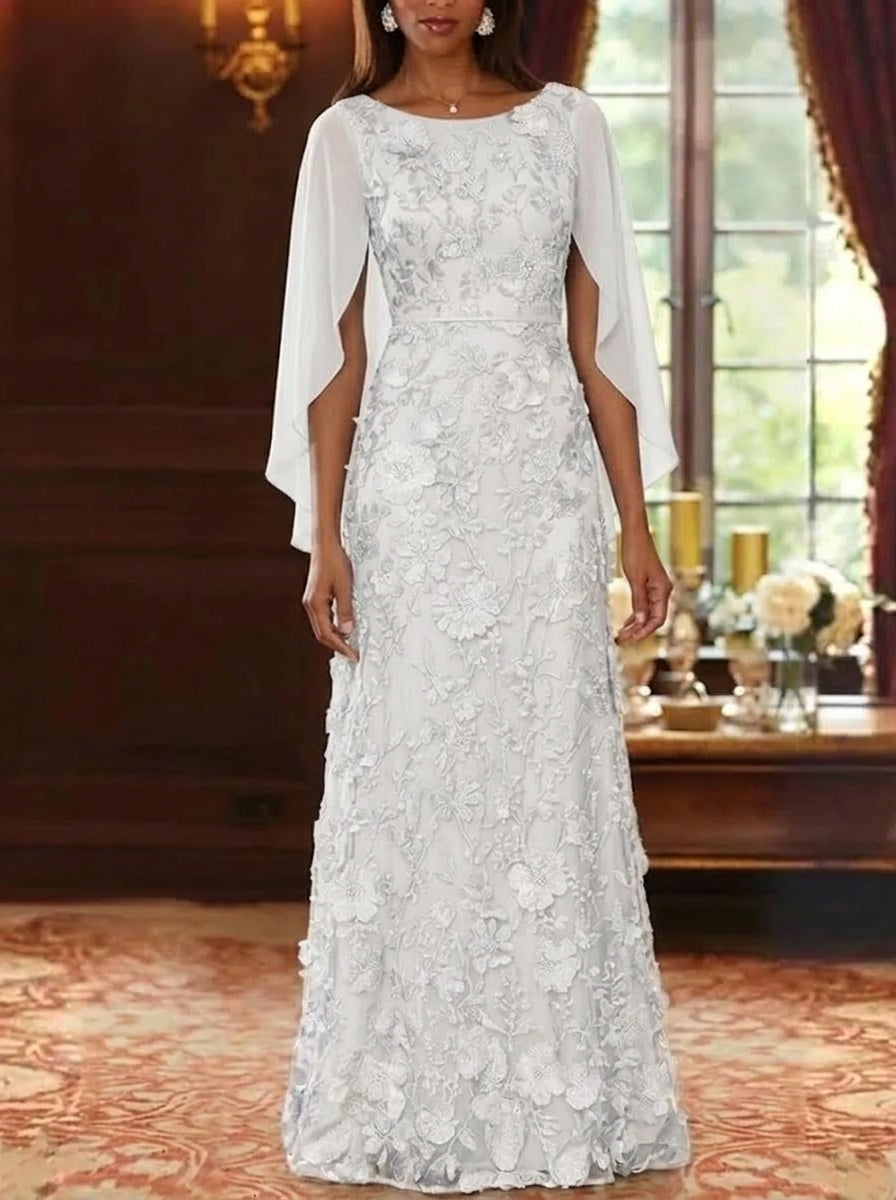 A-Line/Princess Scoop Chiffon Mother of the Bride Dresses Lace Floral Floor-Length Cape Sleeves