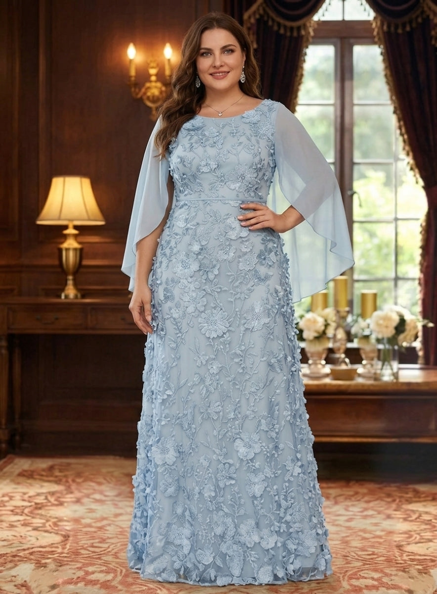 A-Line/Princess Scoop Chiffon Plus Size Mother of the Bride Dresses Lace Floral Floor-Length Cape Sleeves