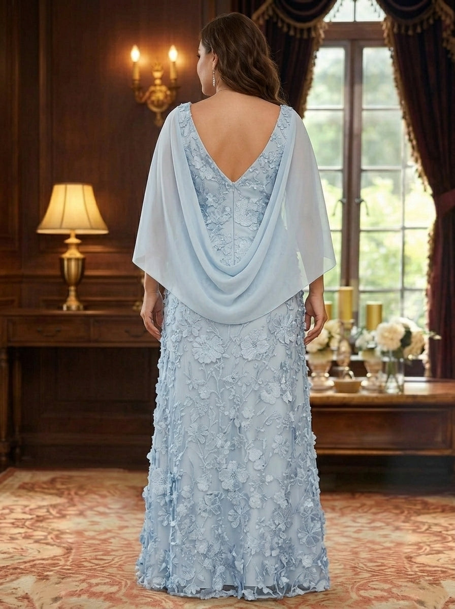 A-Line/Princess Scoop Chiffon Plus Size Mother of the Bride Dresses Lace Floral Floor-Length Cape Sleeves