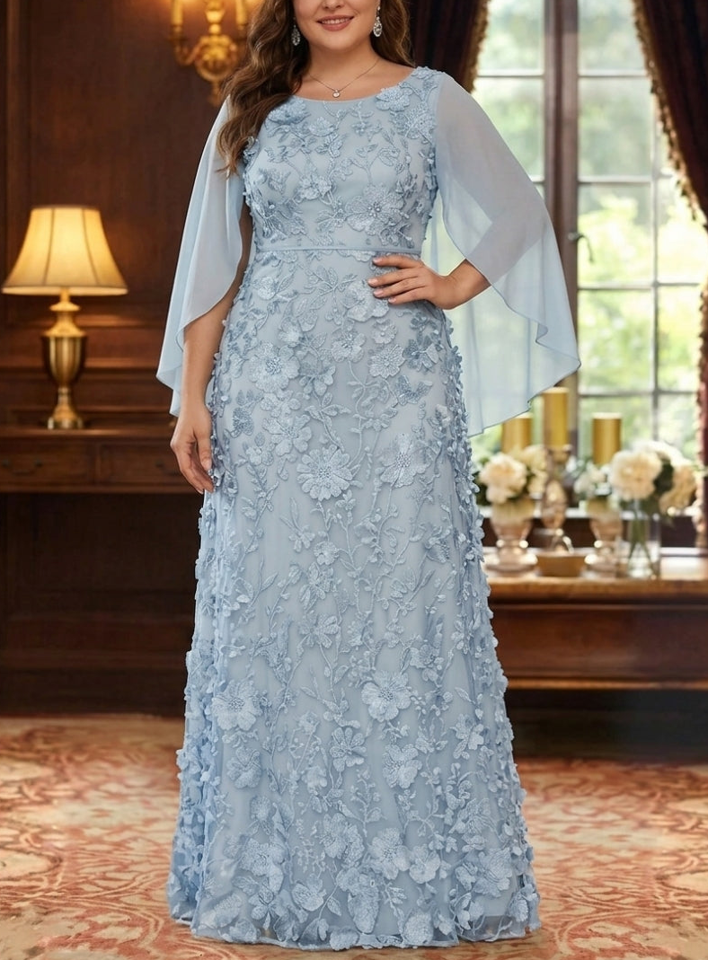 A-Line/Princess Scoop Chiffon Plus Size Mother of the Bride Dresses Lace Floral Floor-Length Cape Sleeves