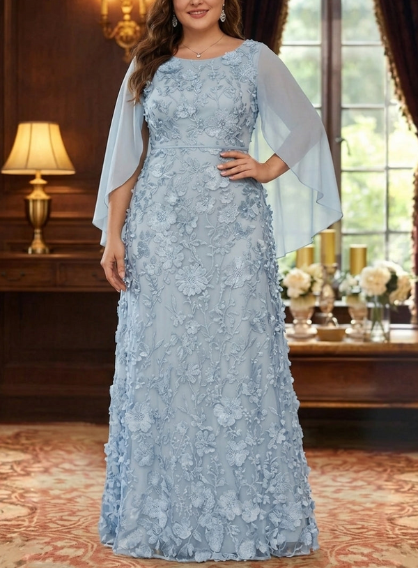 A-Line/Princess Scoop Chiffon Plus Size Mother of the Bride Dresses Lace Floral Floor-Length Cape Sleeves