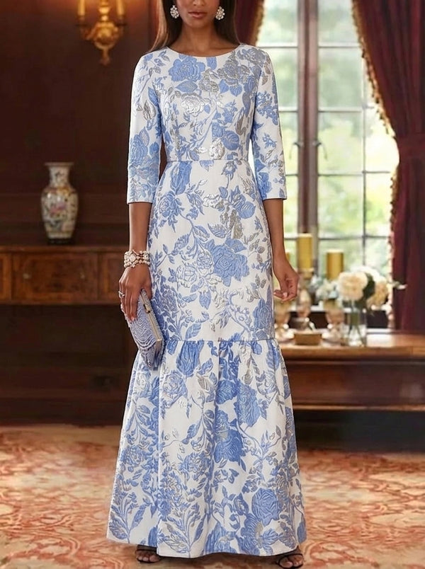 A-Line/Princess Scoop Jacquard Mother of the Bride Dresses Floral Floor-Length 3/4 Sleeves Ruffles