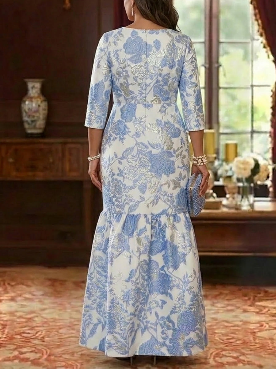 A-Line/Princess Scoop Jacquard Plus Size  Mother of the Bride Dresses Floral Floor-Length 3/4 Sleeves Ruffles