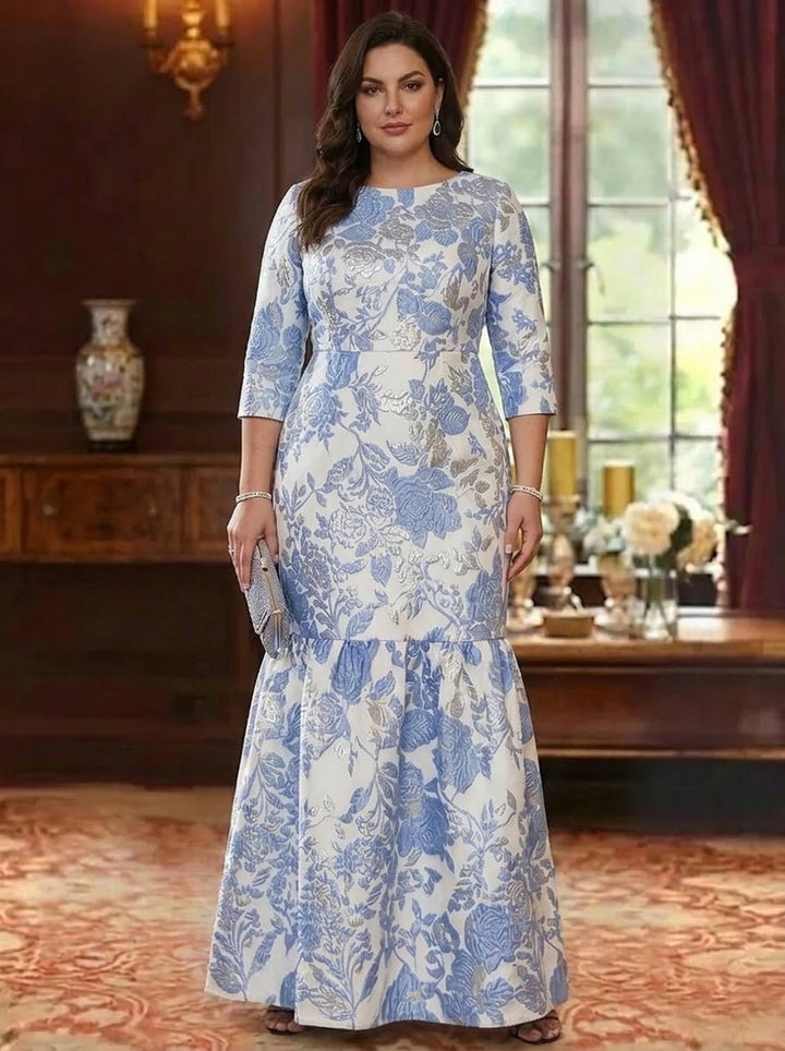 A-Line/Princess Scoop Jacquard Plus Size  Mother of the Bride Dresses Floral Floor-Length 3/4 Sleeves Ruffles