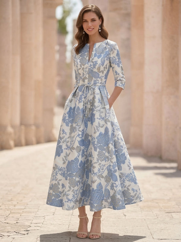 A-Line/Princess V-Neck Jacquard Mother of the Bride Dresses Floral Tea-Length Half Sleeves Ruffles