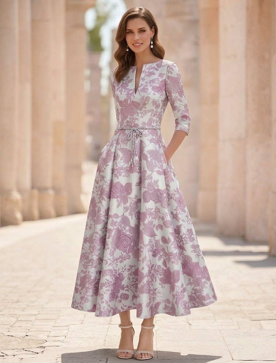 A-Line/Princess V-Neck Jacquard Mother of the Bride Dresses Floral Tea-Length Half Sleeves Ruffles