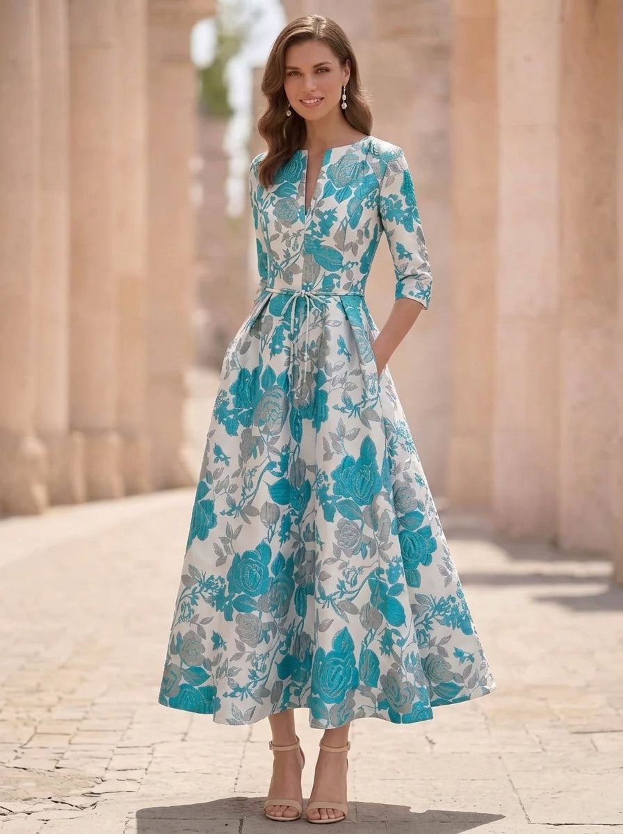 A-Line/Princess V-Neck Jacquard Mother of the Bride Dresses Floral Tea-Length Half Sleeves Ruffles