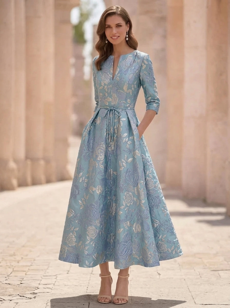 A-Line/Princess V-Neck Jacquard Mother of the Bride Dresses Floral Tea-Length Half Sleeves Ruffles