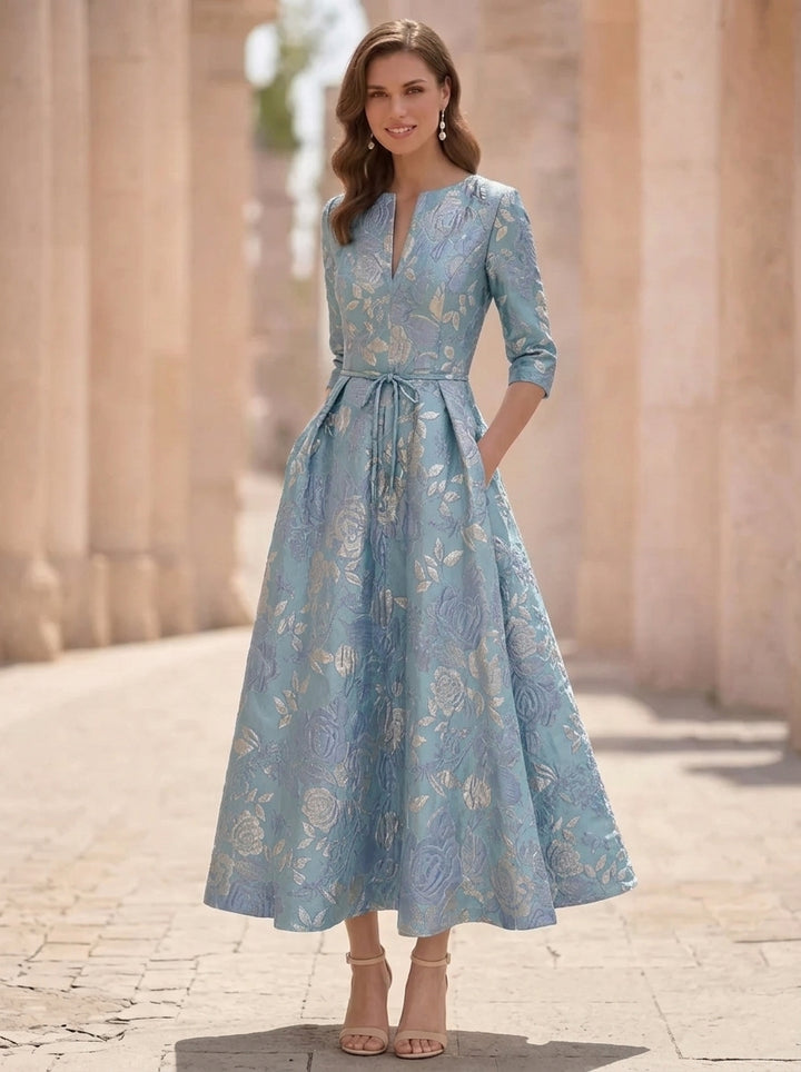 A-Line/Princess V-Neck Jacquard Mother of the Bride Dresses Floral Tea-Length Half Sleeves Ruffles