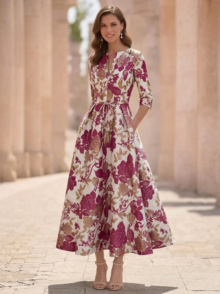 A-Line/Princess V-Neck Jacquard Mother of the Bride Dresses Floral Tea-Length Half Sleeves Ruffles