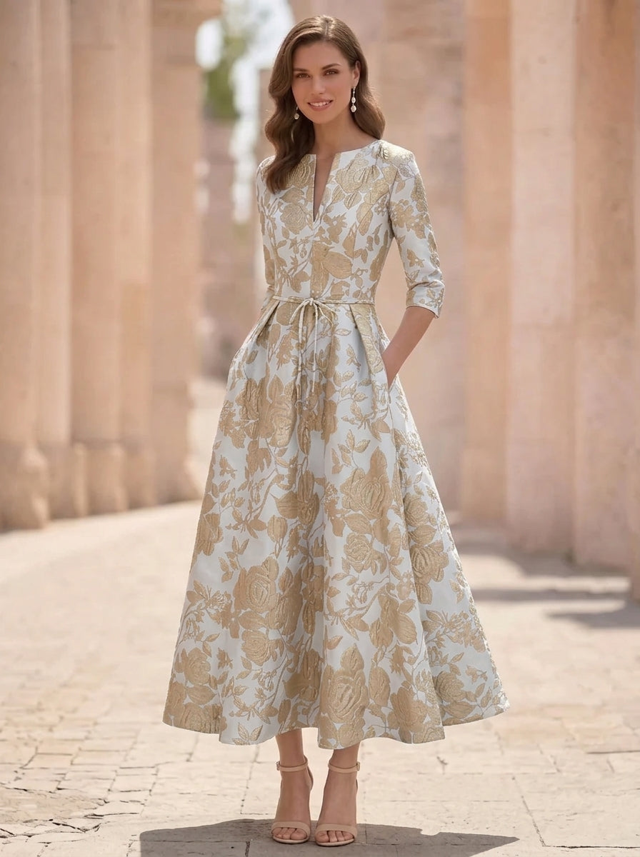 A-Line/Princess V-Neck Jacquard Mother of the Bride Dresses Floral Tea-Length Half Sleeves Ruffles