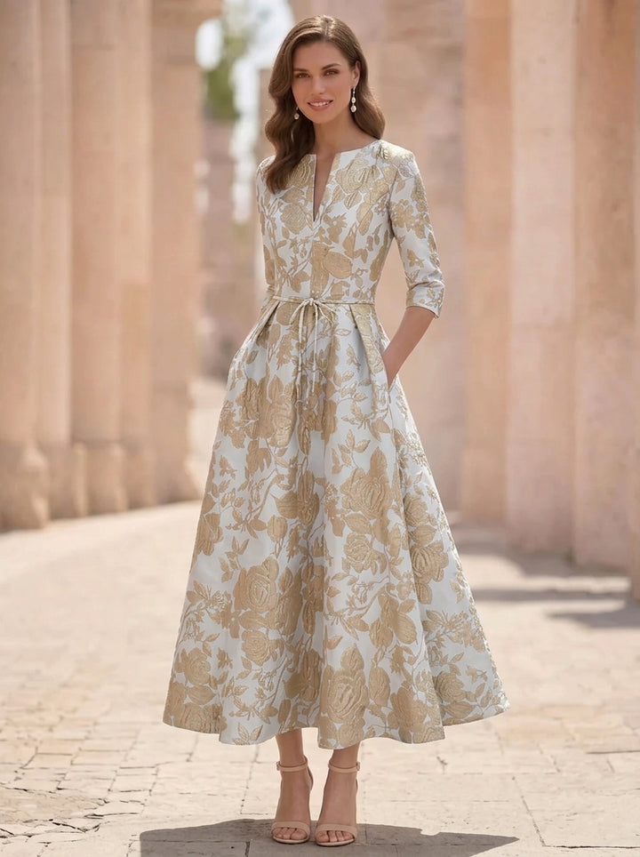 A-Line/Princess V-Neck Jacquard Mother of the Bride Dresses Floral Tea-Length Half Sleeves Ruffles