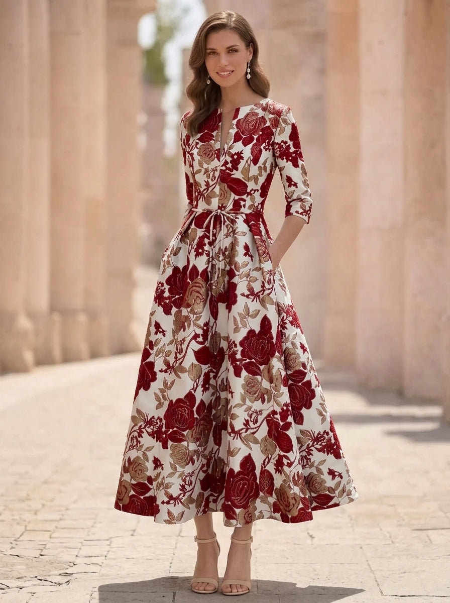 A-Line/Princess V-Neck Jacquard Mother of the Bride Dresses Floral Tea-Length Half Sleeves Ruffles