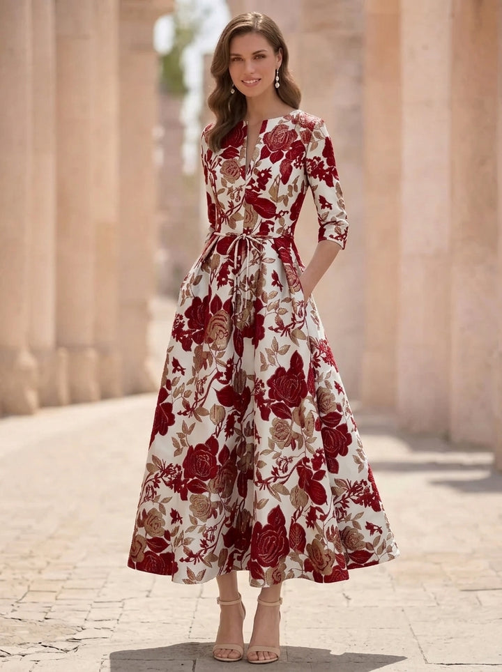 A-Line/Princess V-Neck Jacquard Mother of the Bride Dresses Floral Tea-Length Half Sleeves Ruffles