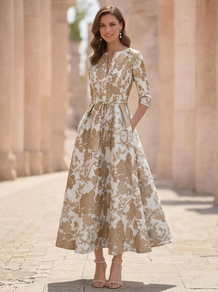 A-Line/Princess V-Neck Jacquard Mother of the Bride Dresses Floral Tea-Length Half Sleeves Ruffles
