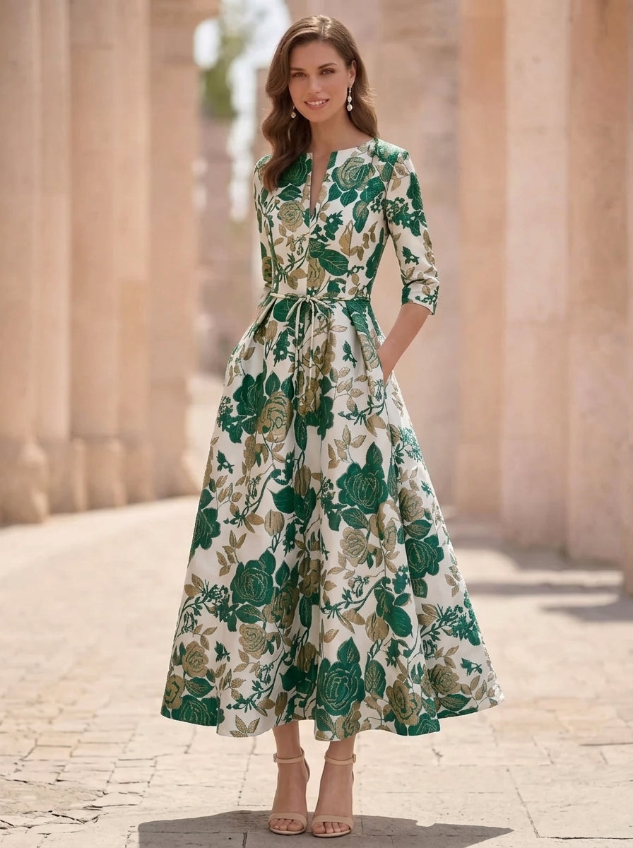 A-Line/Princess V-Neck Jacquard Mother of the Bride Dresses Floral Tea-Length Half Sleeves Ruffles