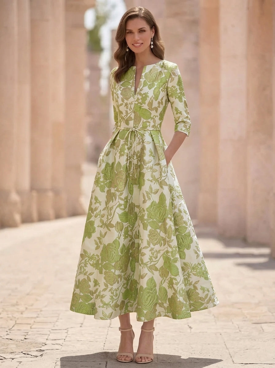 A-Line/Princess V-Neck Jacquard Mother of the Bride Dresses Floral Tea-Length Half Sleeves Ruffles