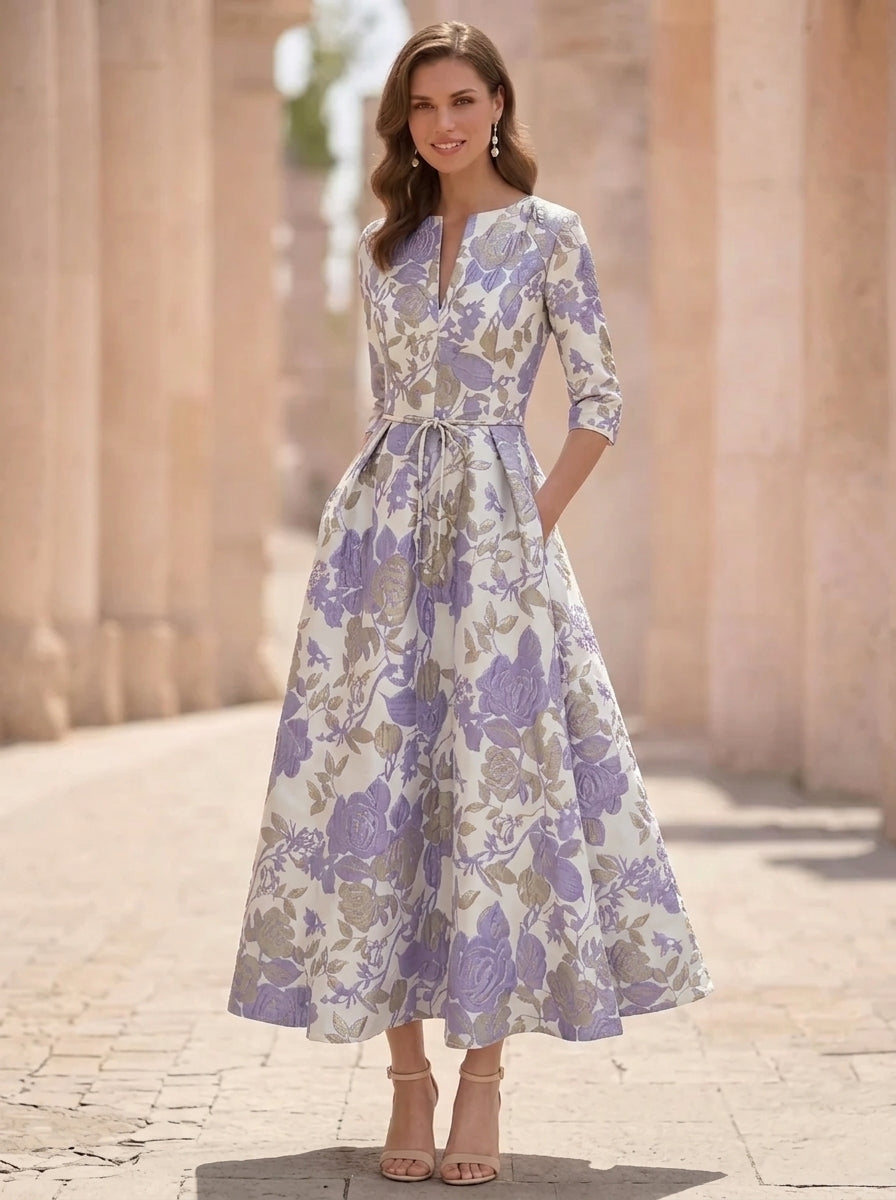 A-Line/Princess V-Neck Jacquard Mother of the Bride Dresses Floral Tea-Length Half Sleeves Ruffles