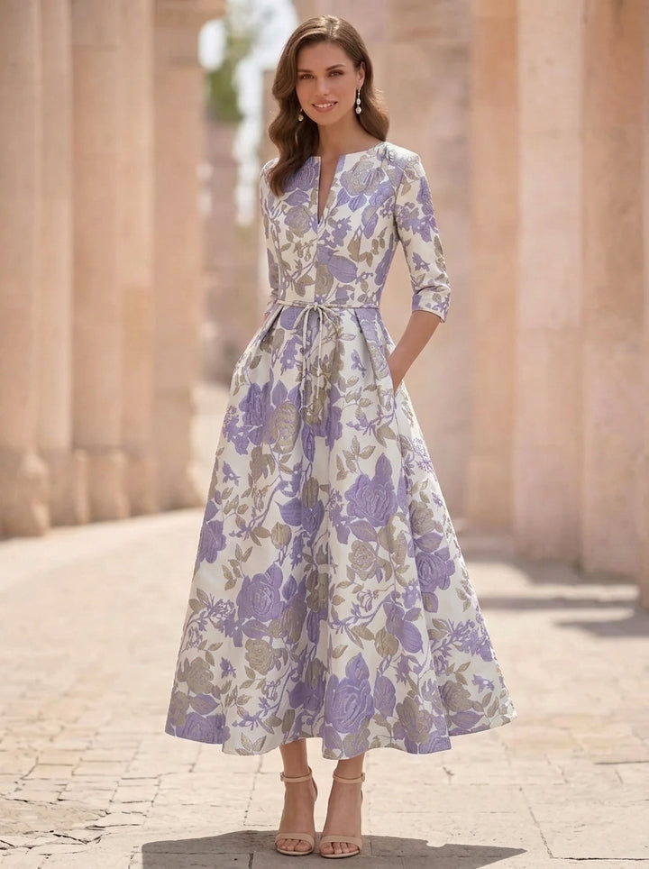A-Line/Princess V-Neck Jacquard Mother of the Bride Dresses Floral Tea-Length Half Sleeves Ruffles