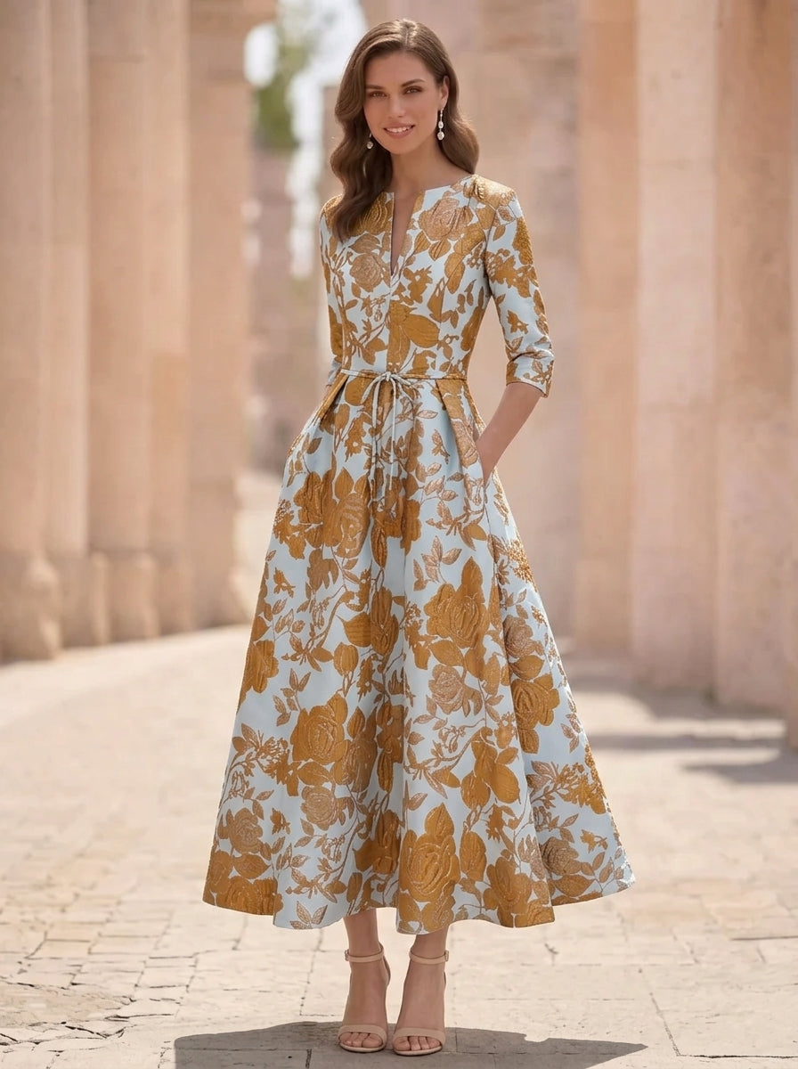 A-Line/Princess V-Neck Jacquard Mother of the Bride Dresses Floral Tea-Length Half Sleeves Ruffles