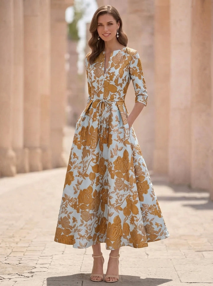 A-Line/Princess V-Neck Jacquard Mother of the Bride Dresses Floral Tea-Length Half Sleeves Ruffles