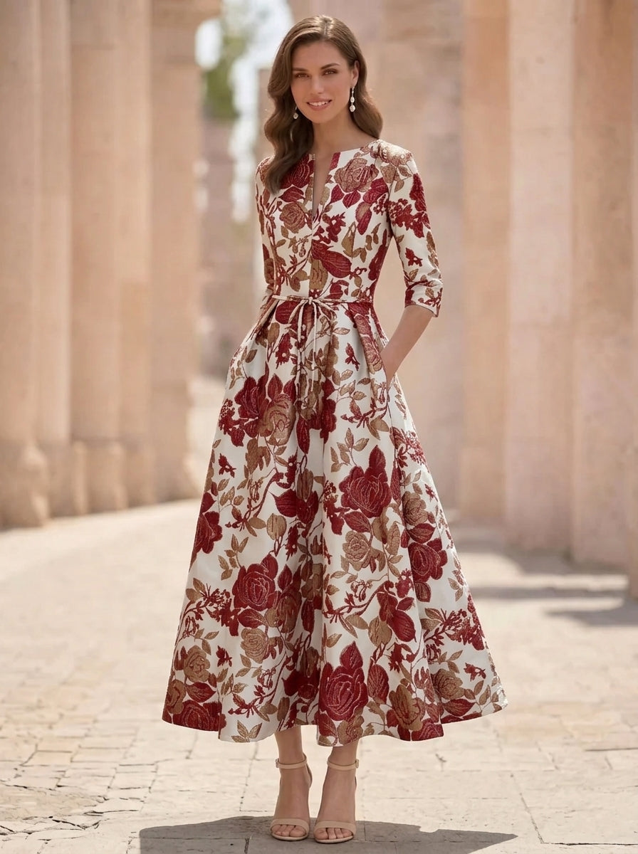 A-Line/Princess V-Neck Jacquard Mother of the Bride Dresses Floral Tea-Length Half Sleeves Ruffles