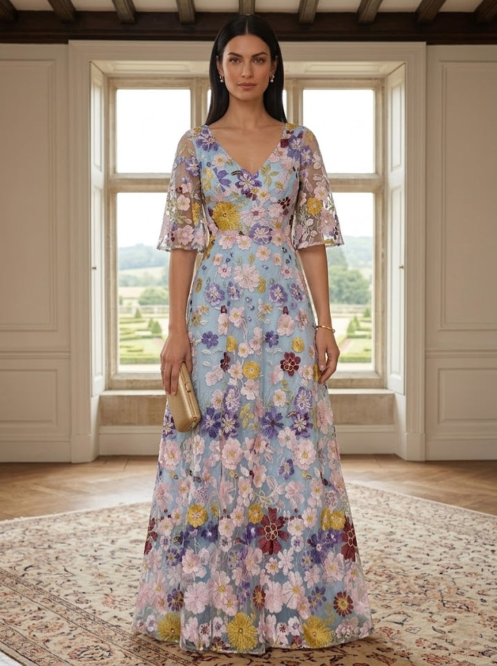 A-Line/Princess V-Neck Mother of the Bride Dresses Lace Floral Half Sleeves Floor-Length