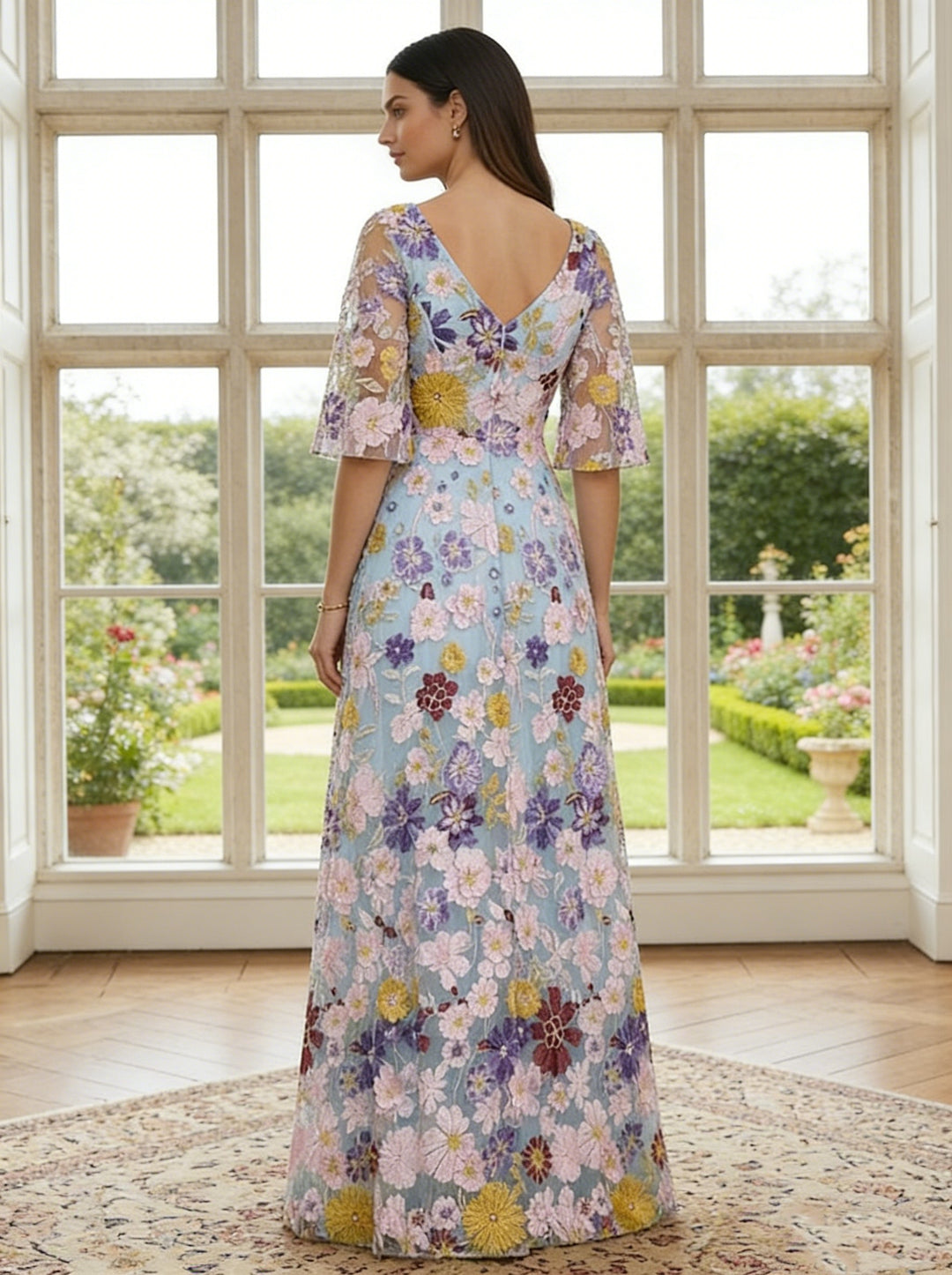 A-Line/Princess V-Neck Mother of the Bride Dresses Lace Floral Half Sleeves Floor-Length