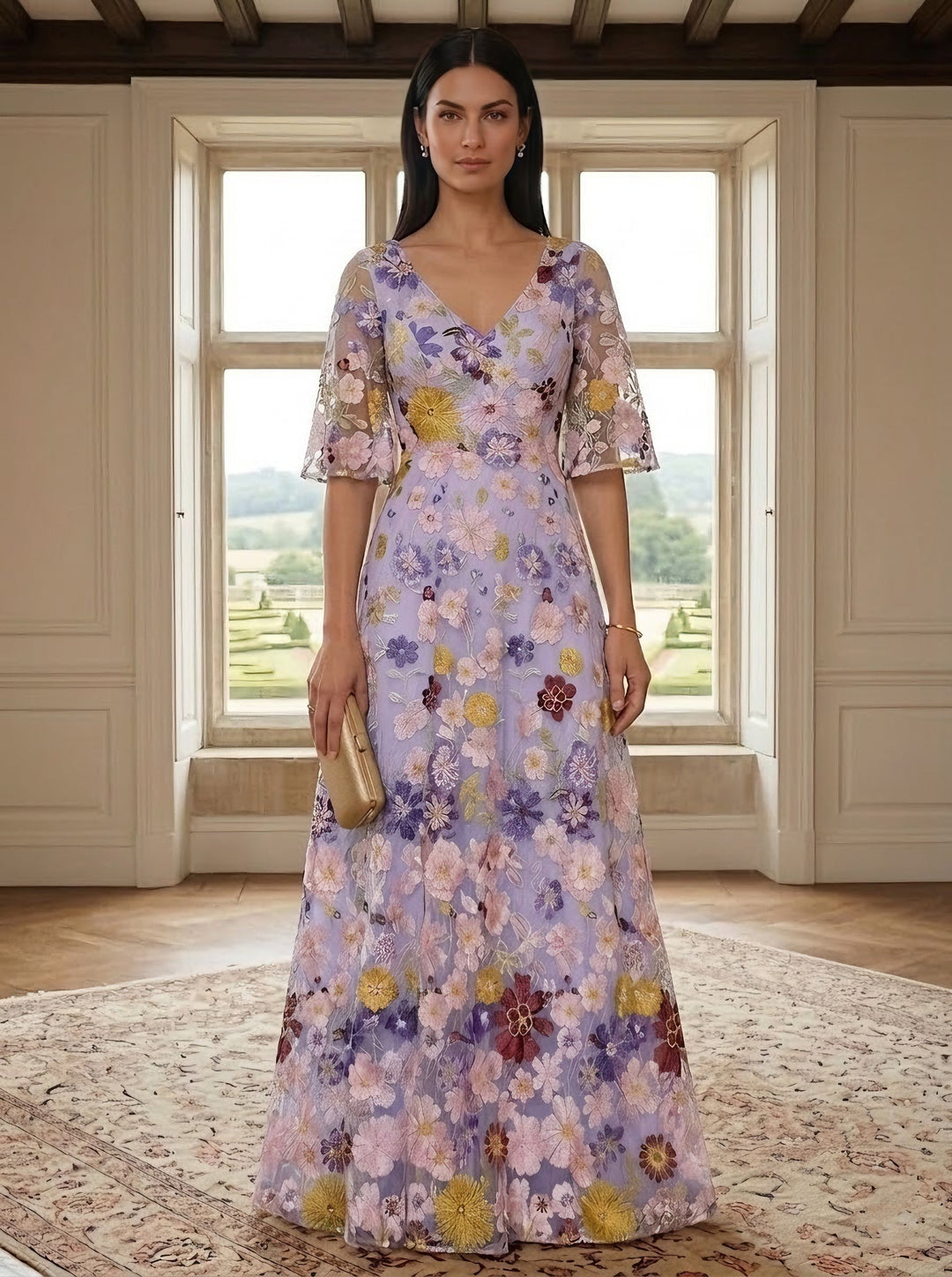 A-Line/Princess V-Neck Mother of the Bride Dresses Lace Floral Half Sleeves Floor-Length