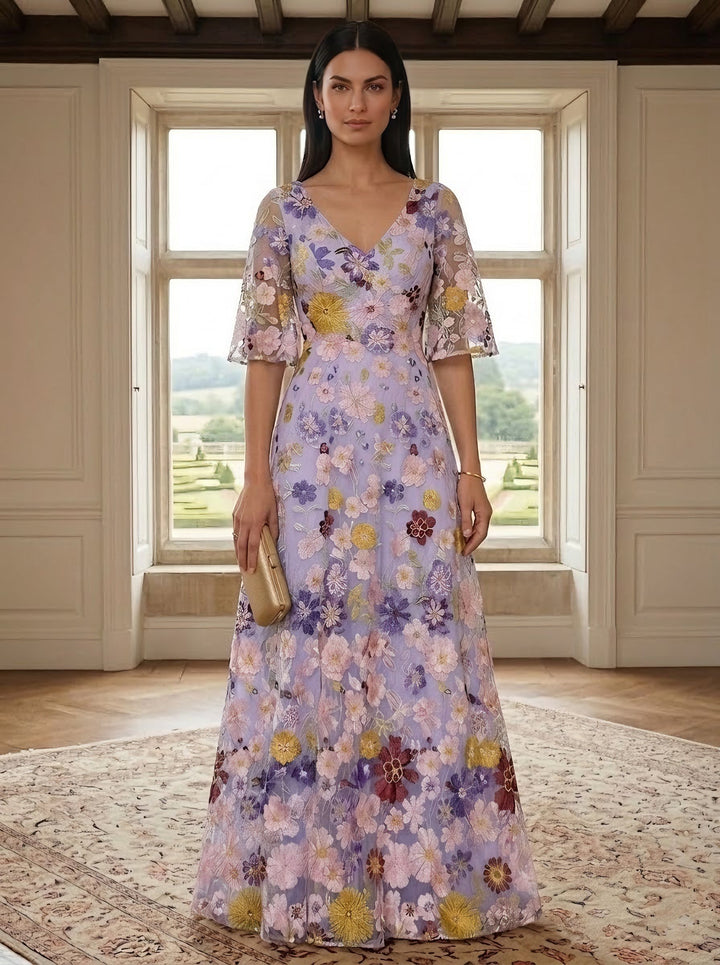 A-Line/Princess V-Neck Mother of the Bride Dresses Lace Floral Half Sleeves Floor-Length