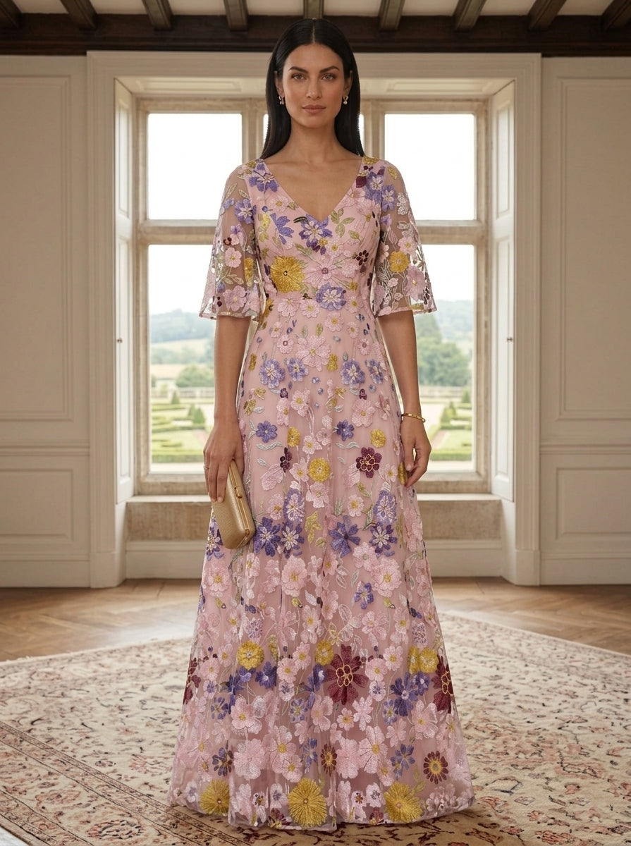 A-Line/Princess V-Neck Mother of the Bride Dresses Lace Floral Half Sleeves Floor-Length