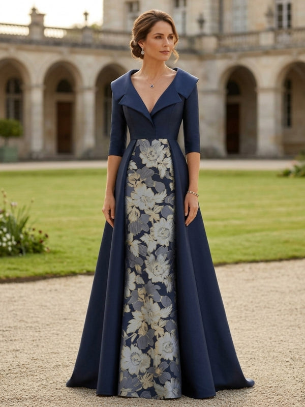 Sheath/Column Shirt Collar Satin Mother of the Bride Dresses with Overskirt Floral Half Sleeves Floor Length