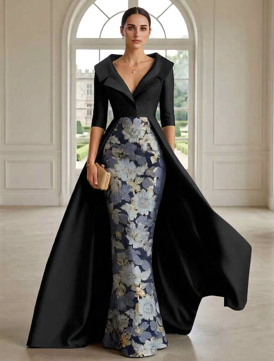 Sheath/Column Shirt Collar Satin Mother of the Bride Dresses with Overskirt Floral Half Sleeves Floor Length