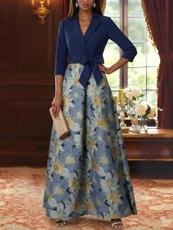 A-Line/Princess Shirt Collar Stretch Satin Mother of the Bride Dresses Floral 3/4 Sleeves Ankle Length Bowknot