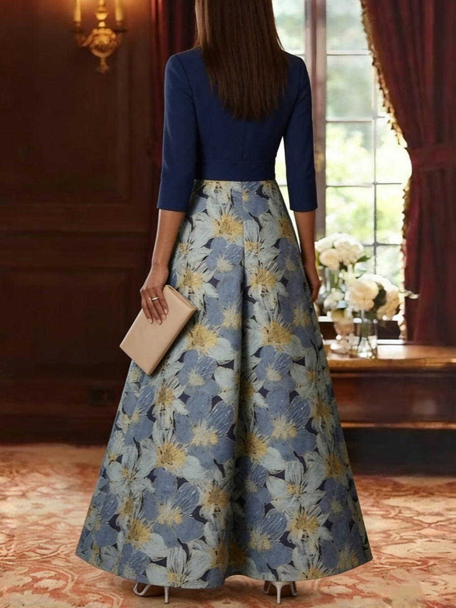 A-Line/Princess Shirt Collar Stretch Satin Mother of the Bride Dresses Floral 3/4 Sleeves Ankle Length Bowknot