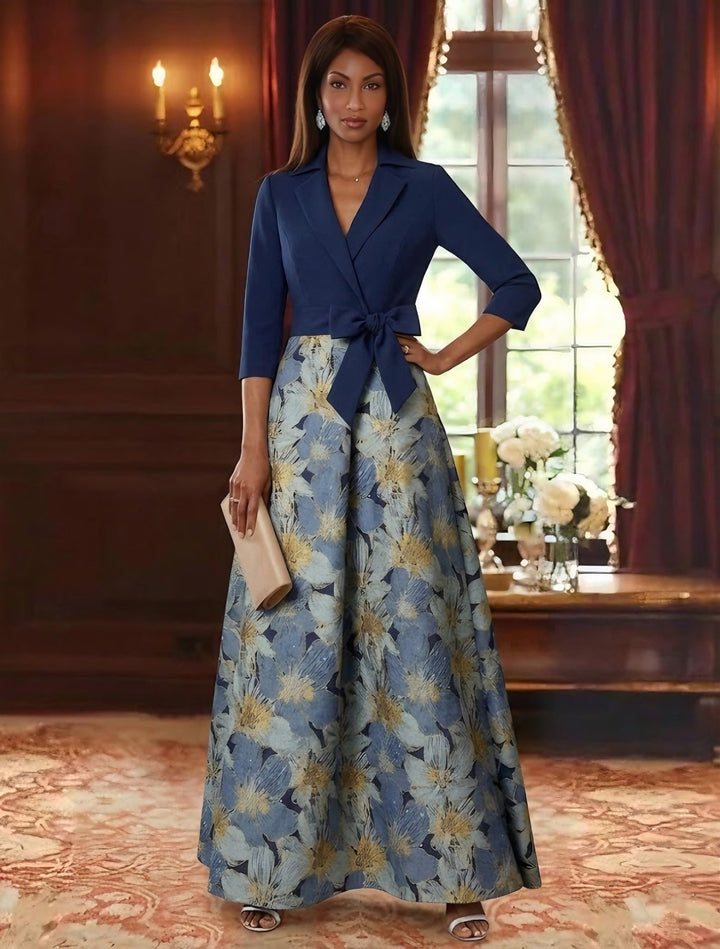 A-Line/Princess Shirt Collar Stretch Satin Mother of the Bride Dresses Floral 3/4 Sleeves Ankle Length Bowknot