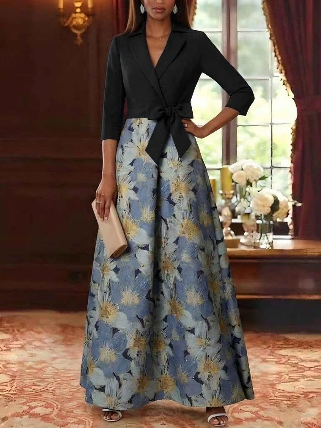 A-Line/Princess Shirt Collar Stretch Satin Mother of the Bride Dresses Floral 3/4 Sleeves Ankle Length Bowknot, Navy Blue