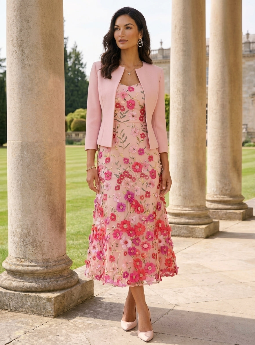 A-Line/Princess Scoop Stretch Satin Mother of the Bride Dresses with Jacket Lace Embroidery Floral Tea-Length 3/4 Sleeves