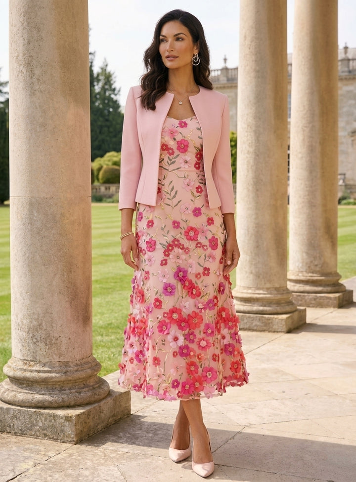 A-Line/Princess Scoop Stretch Satin Mother of the Bride Dresses with Jacket Lace Embroidery Floral Tea-Length 3/4 Sleeves