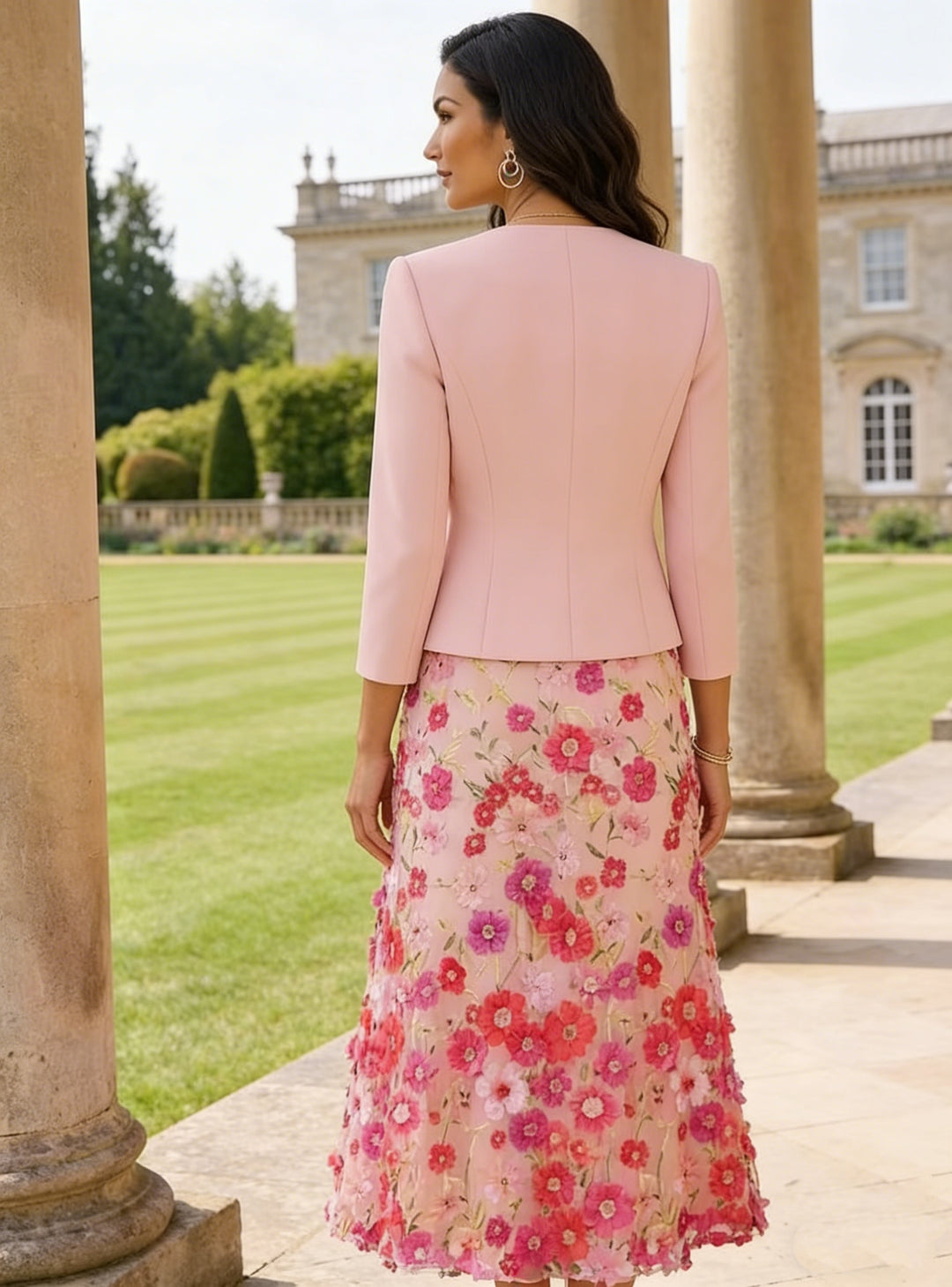 A-Line/Princess Scoop Stretch Satin Mother of the Bride Dresses with Jacket Lace Embroidery Floral Tea-Length 3/4 Sleeves