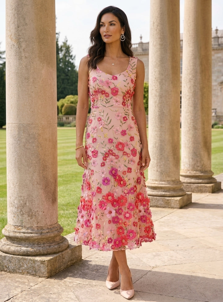 A-Line/Princess Scoop Stretch Satin Mother of the Bride Dresses with Jacket Lace Embroidery Floral Tea-Length 3/4 Sleeves