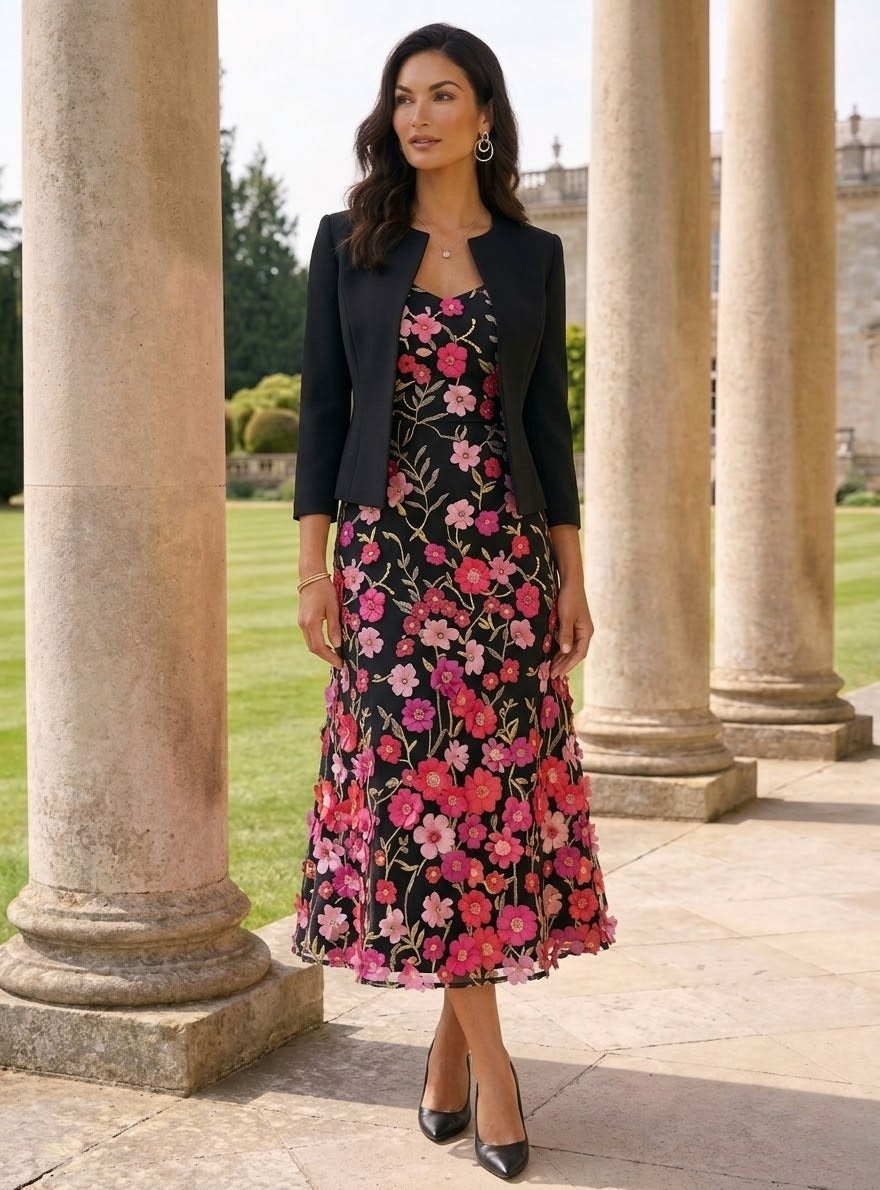 A-Line/Princess Scoop Stretch Satin Mother of the Bride Dresses with Jacket Lace Embroidery Floral Tea-Length 3/4 Sleeves Black