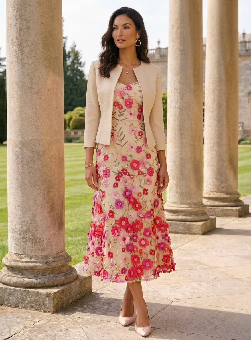 A-Line/Princess Scoop Stretch Satin Mother of the Bride Dresses with Jacket Lace Embroidery Floral Tea-Length 3/4 Sleeves, Pink